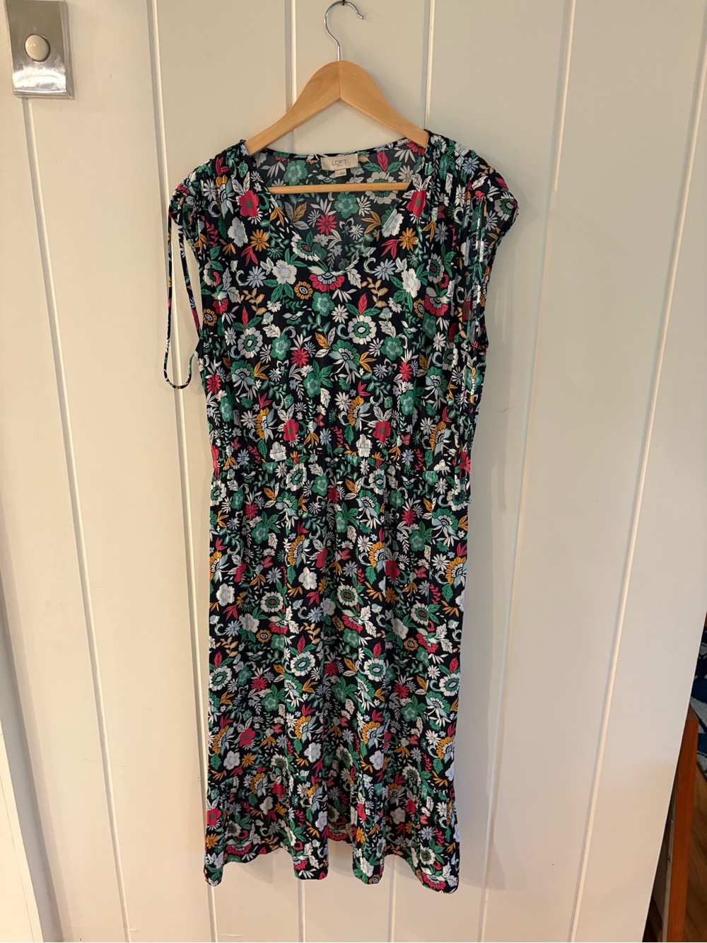 LOFT Black Floral Midi Dress with Green, Pink & Yellow Details